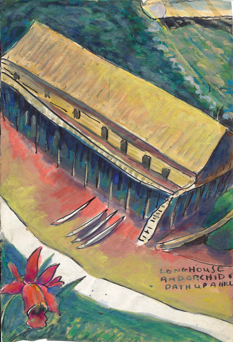 A longhouse outside the city of Kuching in Sarawak. There were many steep paths in the hills where I could come across many species of orchid. Painted in 1982. By Christopher James Hamilton Blake